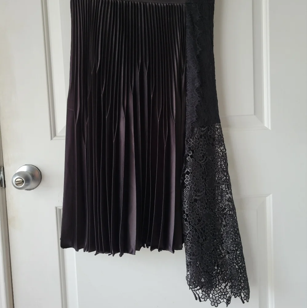 Karen Millen Formal Black Midi Dress Pleated Asymmetrical and Lace Detail 8 - Picture 4 of 8